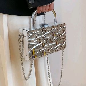 "Cache'" Silver Chrome Metallic Chain Box Bag